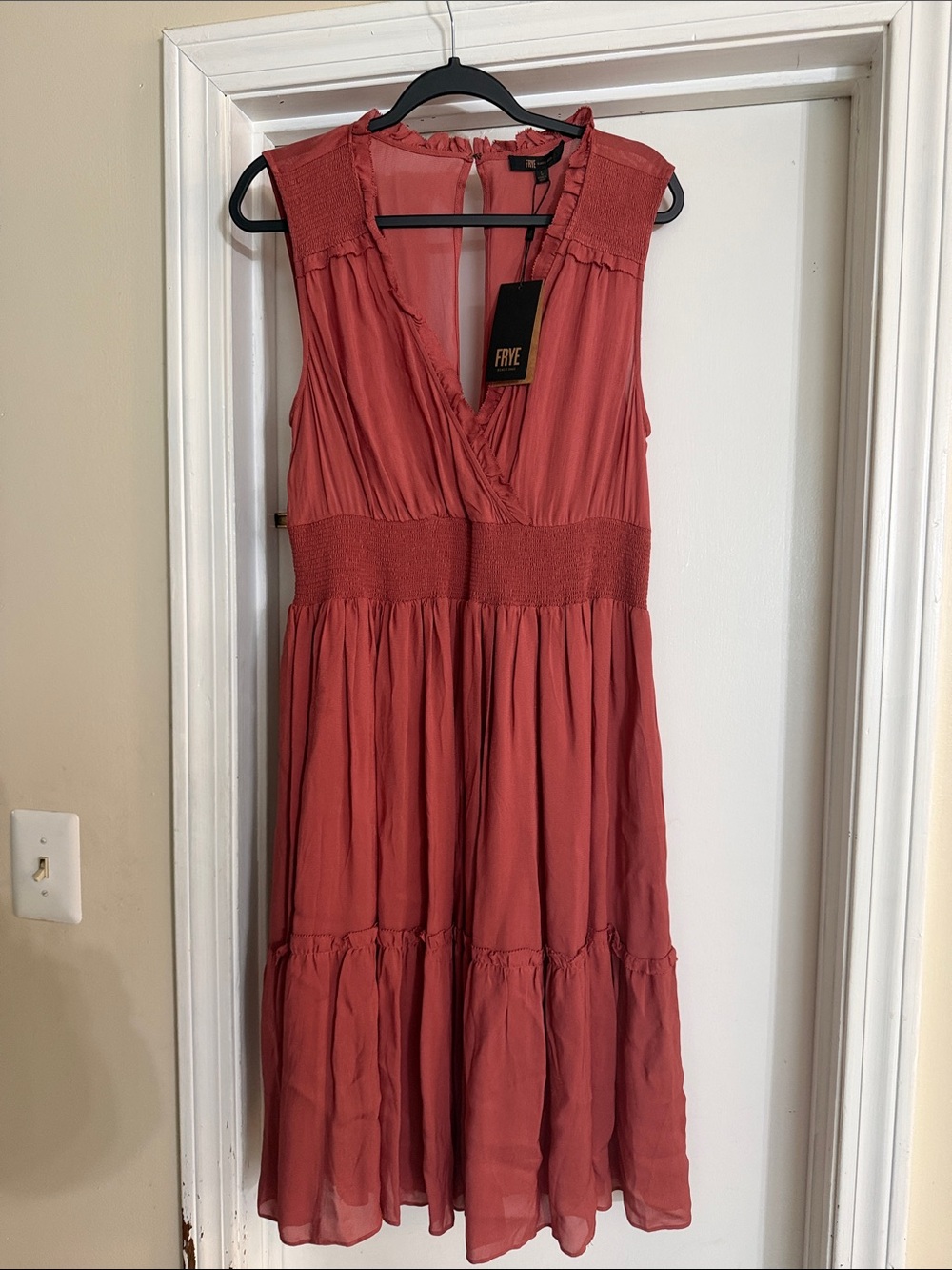 Frye Rust-Red Sleeveless V-Neck Tiered Midi Dress